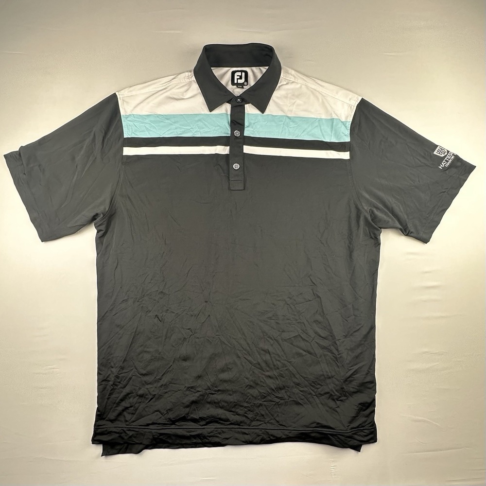 FootJoy FJ Performance Golf Polo Shirt Men's XL Striped Black Blue White Stretch - Picture 2 of 6